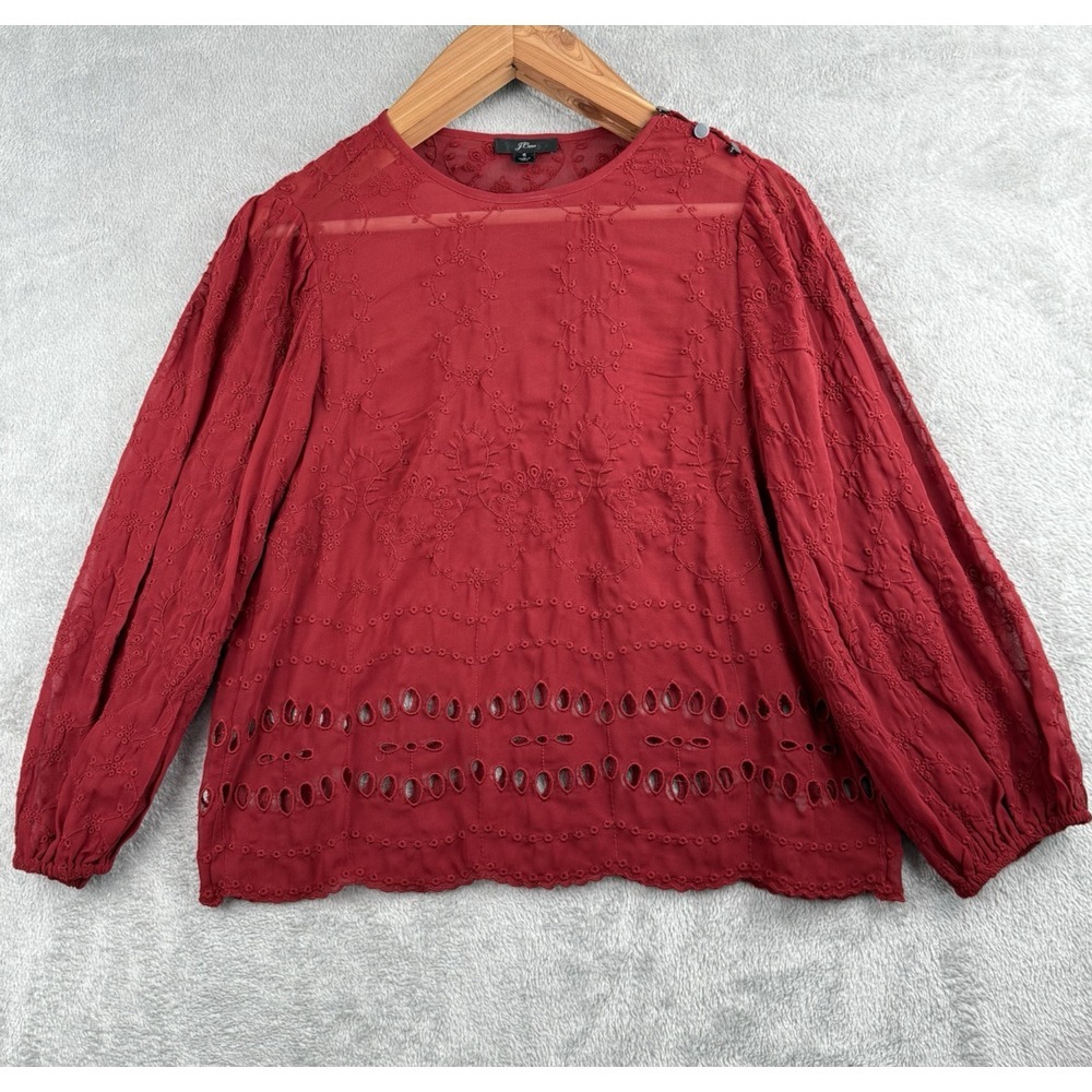 J.Crew Embroidered Top Womens Small Sheer Eyelet Lace Crew Neck Blouse Deep Red